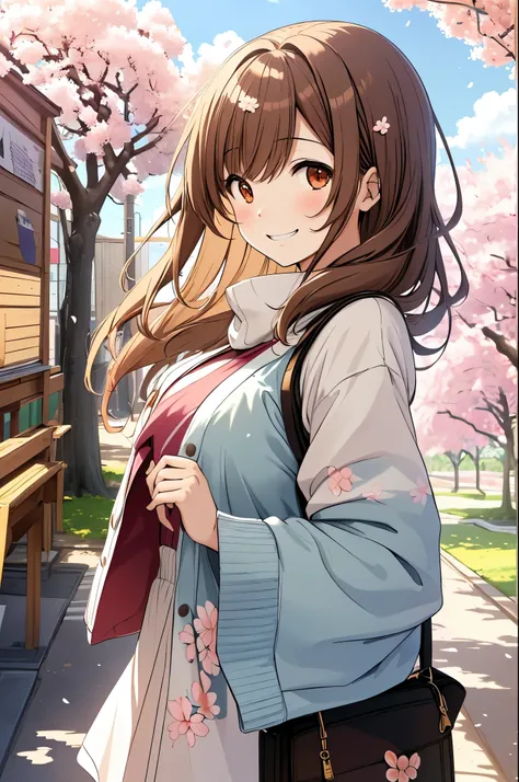 girl, on campus, cherry blossoms, simple canvas style painting style), (Bright and fresh color matching), (shy smile, natural behind the handle), (mid spring, 通りの両側には見事なcherry blossoms並木が) (beautiful blue sky and white clouds, soft and colorful, sunlight),...