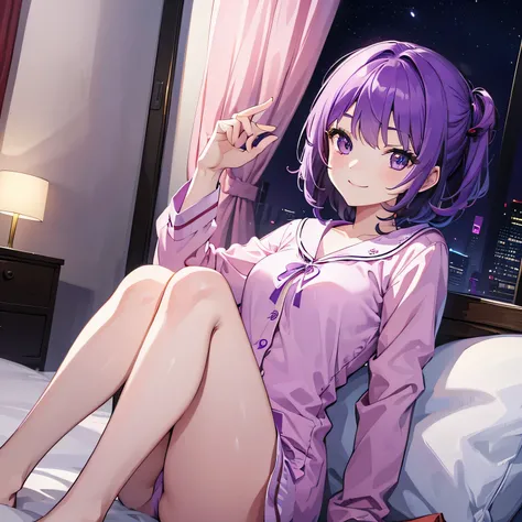 (T Masterpiece，4k wallpaper，best quality))、((girl１people))、(solo)、Shining and vivid，(purple hair)、(shortcut:1.3)、smile、Bedroom、pajamas、night