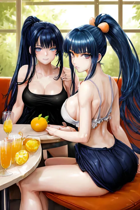 High resolution, high quality, 2 girls, anime girl, dark blue hair,ponytail,long hair,dull bangs, dark blue eyes,closed one eye,clenched teeth,[[pale skin]],Glossy skin, big breasts,beautiful breasts,(big ass),beautiful butt,pink high leg water wear,sittin...