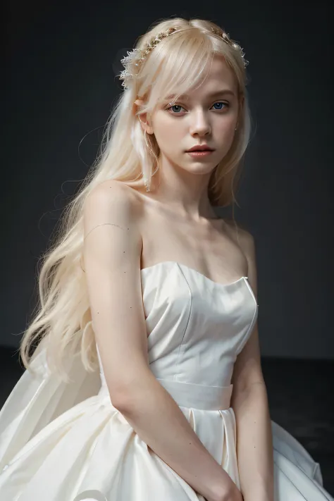 Albino girl with a white dress stands on a black plain background, high detail, blurred background, femininity, realism, Vogue inspiration, fashion portrait, promoting beauty and naturalness, glamorous pose, 8K