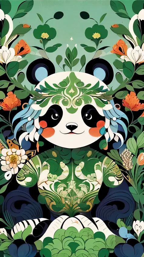 cute panda，no fluff，maximalism，vector illustration，flat style，inspire，psychedelic dramatic style， wonderful illustrations in the...