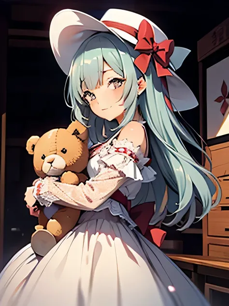 Anime girl in a white dress and hat holding a teddy bear:
An enchanting anime girl is depicted in a pristine white dress and a quaint hat, her cherubic face radiating joy as she cradles a soft, cuddly teddy bear against her chest. The intricate details of ...