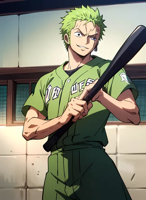 roronoa zoro, handsome face, cool face, badass face, smiling confidently, baseball player,sportswear, short green hair, head to waist view, playing baseball, intense baseball match, ((standing still)), ((focused)),((ready to hit the ball)), ((holding a bas...