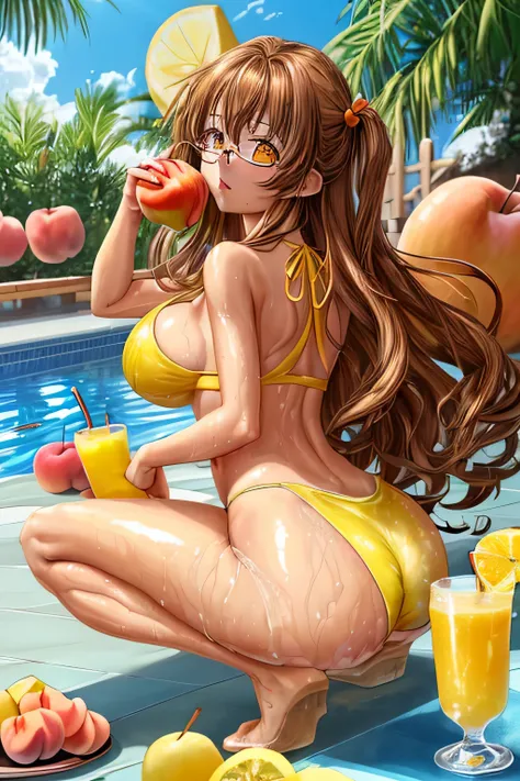 High resolution, high quality, 1 girl, anime girl, brown long hair, brown eyes,heart-shaped pupil, Green glasses, tanned skin, big breasts,beautiful breasts,Yellow shower,Yellow squirt water, (big ass),beautiful butt,White high leg water wear,squat,(drink ...