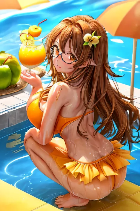 High resolution, high quality, 1 girl, anime girl, brown long hair, brown eyes,heart-shaped pupil, Green glasses, tanned skin, big breasts,beautiful breasts,Yellow shower,Yellow squirt water, (big ass),beautiful butt,White high leg water wear,squat,(drink ...