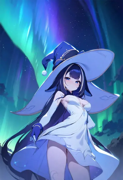 (((shylily))), ((Masterpiece:1.2, Best quality)), 1girll, Solo, (Witch hat),  Long hair, dress, aurora, Night, Star (sky), mitts, sky, White dress, Night days