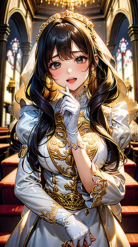 in front of the altar of a majestic church、（blurred background）、brighter light、golden long hair girl、classic white wedding dress...