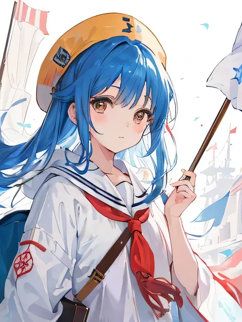 Anime girl with a flag and a hat on her head, a stunning anime drawing by Shingei, showcased on Pixiv, capturing the essence of mingei art, paying homage to Umaru-chan and Holo. This anime visual portrays a cute girl, portrayed beautifully in Marin Kitagaw...