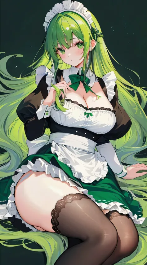 high color saturation、masterpiece、highest quality、High resolution、very delicate and beautiful、beautiful breasts、woman１people、((woman１people、solid color background、hair length、green hair、thick legal clothing、skirt、maid Cafe))、Huge 、off shoulder、cleavage、bbw...