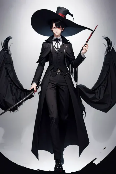 tall and skinny man, wearing black victorian cloths, a large hat, red eyes, short raven hair, a scythe on his left hand