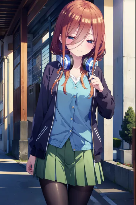 mikunakano, miku nakano, long hair, bangs, brown hair, shirt, hair between eyes, headphones, cardigan, headphones around neck,cl...