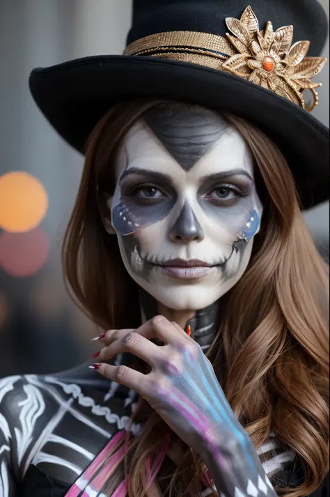 Skeleton woman, face painting and hat, face painting, skull painting, symmetrical skeleton face, half woman, half skeleton, painted face, half face, professional body painting, (perfect hands:1.1), (perfect fingers:1.1), perfect anatomy, ((bright colors)),