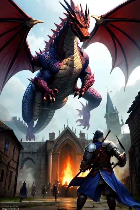 medieval city dark souls like, attacking by a dragon 
