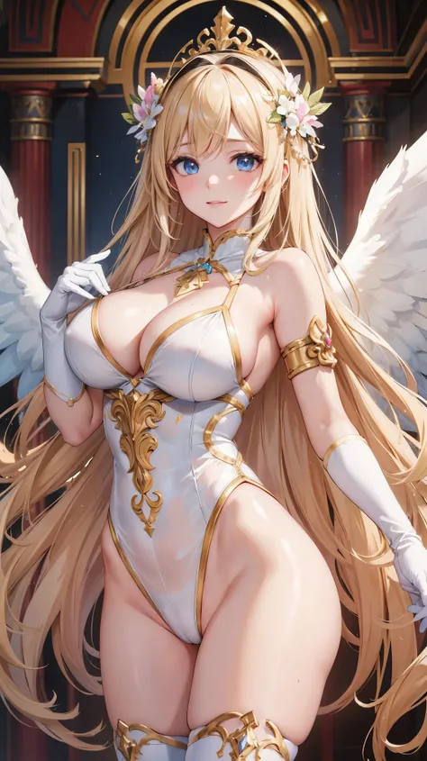 ((masterpiece)), ((best quality)), (ultra-detailed), ((extremely detailed)), 4K, (8K), best quality, (beautiful), 1girl, mature woman, shiny skin, graceful, bangs, breasts, gloves, wavy blonde hair, long hair, blue eyes, side boob, thighs, white gloves, wh...