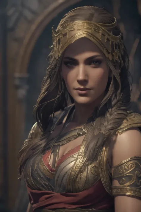 (best quality,ultra-detailed,realistic:1.37),(HDR,UHD,studio lighting),(portraits),(vivid colors),(warm color tones),(soft,moody lighting),(sharp focus),(bokeh),Kassandra,Assassins Creed Universe,Kassandras stunning face,Kassandras piercing eyes,Kassandras...