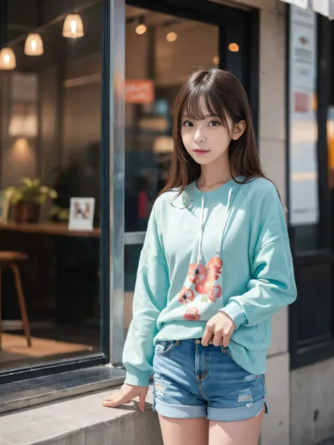 (((RAW image quality:1.4))), highest quality, ultra high resolution, (realistic: 1.4), chat at a cafe、Photo of a teenager wearing brightly colored clothes