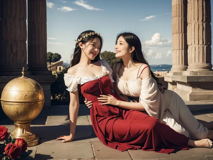 full body portrait or statue、Giorgione painting style,Arguments of two female Philosophe,math、astronomical machine、astronaut、roses in vase、fruits、Cute trinkets、smile、ancient greek costume、Ancient Roman landscape in the style of Nicolas Poussin,laughter,,Sw...