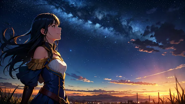 Generate an image of a smiling girl looking up at the sky from a side profile. She is dressed in an outfit inspired by an alchemist, with shoulder-length hair. The background features a grassy field with distant city lights. Its nighttime with a sky full o...