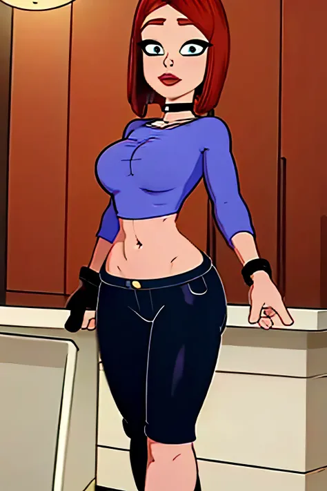 Nerdy girl with big breasts, chubby, tall, short red hair, purple eyes, pink lips, and wears a light blue top, shows her navel, and tight black pants. 