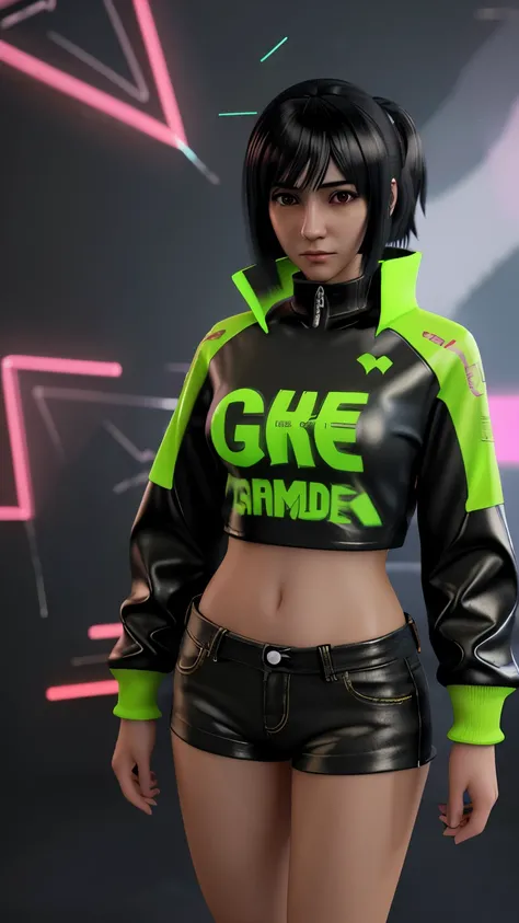 3D effect image of anime gaming character wearing a neon jacket, with a background that includes the text KHUSH creats, in portrait size,with 3d rendering effect 