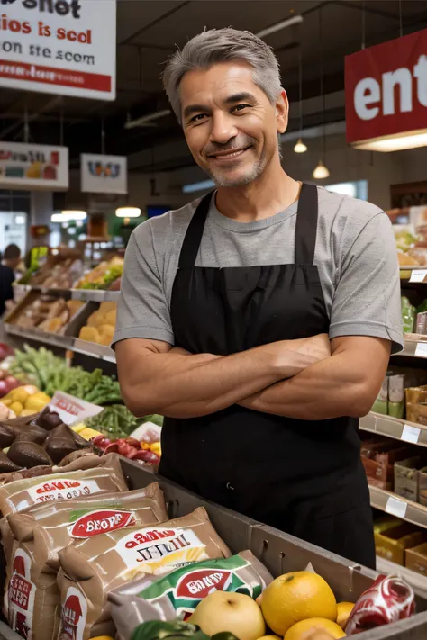 A grocery store owner with crossed arms, he is smiling, he has ocidental characteristics and short grey hair. the background is in blur mode, also on the background there are some carcoal sacks.