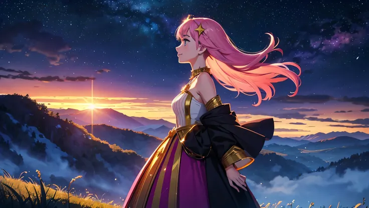 Generate an image of a smiling girl looking up at the sky from a side profile. She is dressed in an outfit inspired by gemstones, with hair that falls to her neck featuring stripes of gold and pink. Its late at night with a sky full of shining stars. The b...