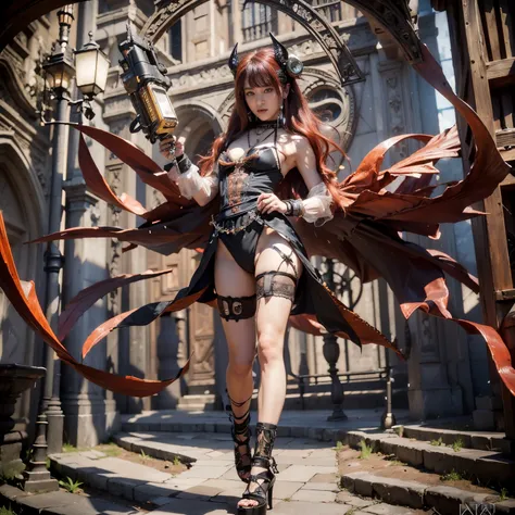 (top-quality:1.2, masterpiece)、ultra high resolution、extremely ultra surrealism, (Photorealsitic:1.4)、Raw photo、Steampunk Battle Cyborg fallen angel、large wings made of metal、black porcelain body、red  hair、glowy skin、1 Cyborg boy、japanese, extremely handso...