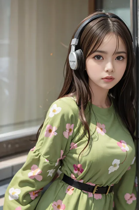 (((RAW image quality:1.4))), highest quality, ultra high resolution, (realistic: 1.4), She wore a long-sleeved dress with a spring-like floral pattern.、photo of active teenager, cowboy shot, headphone, random pose、