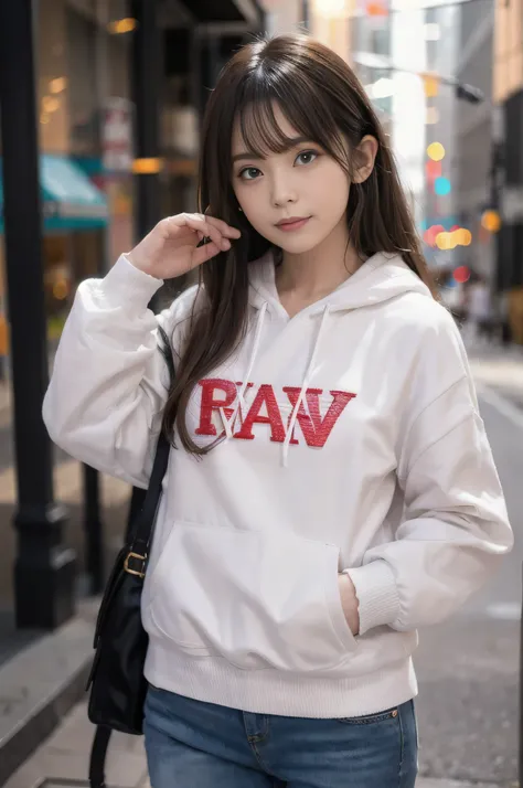 (((RAW image quality:1.4))), highest quality, ultra high resolution, (realistic: 1.4), She wore a spring-like pastel-colored long-sleeved hoodie.、photo of active teenager, cowboy shot, random pose、