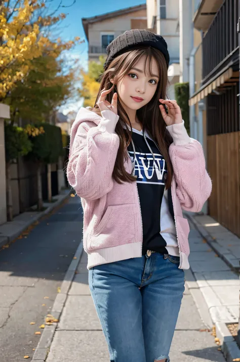 (((RAW image quality:1.4))), highest quality, ultra high resolution, (realistic: 1.4), She wore a spring-like pastel-colored long-sleeved hoodie.、photo of active teenager, cowboy shot, random pose、