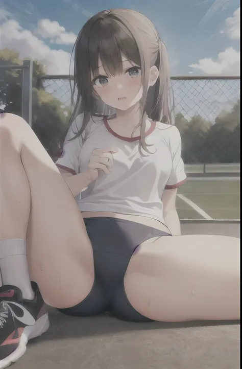 1 girl,alone,Youmu,white shirt,white socks, Gym suit,Dark blue bloomers, sports shoes, sitting, spread legs,schoolyard,outdoor, blue sky,Sweat, front elevation
break
(masterpiece, highest quality,Super detailed,)