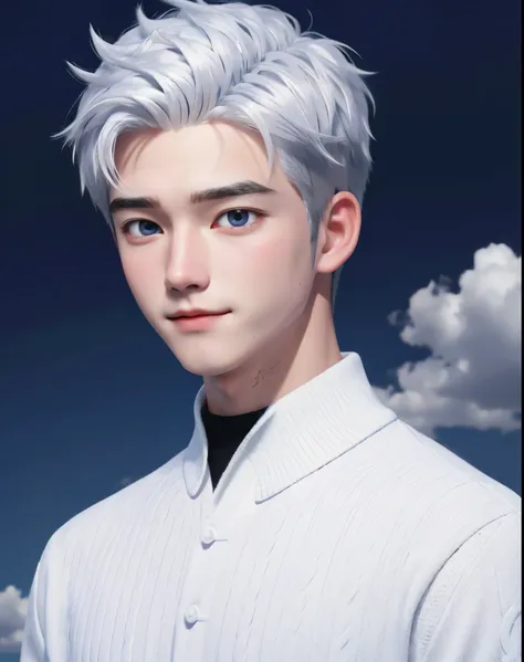 boy, white hair, blue eyes, sharp, serious features, white skin, black sweater