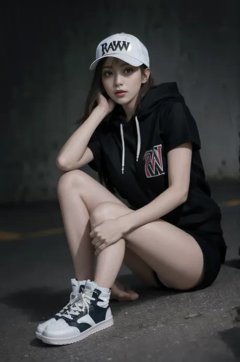 (((RAW image quality:1.4))), highest quality, ultra high resolution, (realistic: 1.4), Wearing a sporty hoodie and shorts、photo of active teenager, sit, wearing sneakers, medium size breasts, full body photo, black baseball cap, random pose、