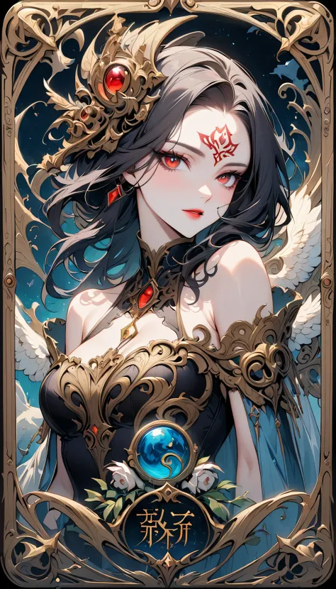 a beautiful woman tarot card, (a red eye:1.2),face tattoo(meaningful chinese character writing:1.1), combine elements perfectly.