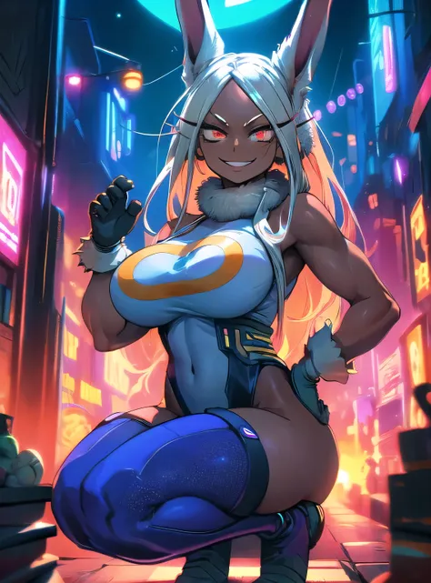 highres, masterpiece, BnhaMirko, mirko, 1girl, dark_skin, rabbit_girl, leotard, fur collar, gloves, kneehighs, smile, long_eyelashes, lines, shaking, sky, large breasts, red_eyes,night time,old city,neon lights  