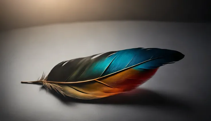 a colorful single feather sitting on a light gray background,  best image, sharp focus, highly detailed, brandless, no one, 