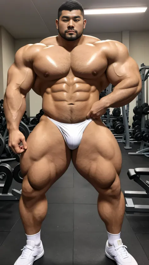 a chinese bodybuilder，30 years old，Tall and handsome, toned body，short hair, O-shaped beard，Perfect body, Dark and shiny complexion，smooth skin，The body is hairless，Muscle bulge, muscular, Very big pecs，Very sexy abs，Leg muscles are very developed，Huge bum...