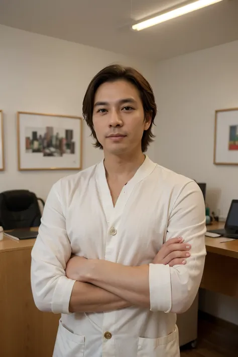 ((Melhor qualidade)), ((obra de arte)), (detalhado), perfect face Imagine a visionary male CEO,  idly korean leading a natural medicine company in a stylish and cozy office, projetado para inspirar criatividade e bem-estar. 