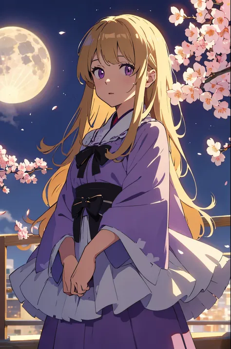 Illustration of Yakumo yukari, small details, 4k,beautiful girl, white woman,Western-style building, cherry blossom, full moon,highest quality, purple eyes, dress,long hair,purple dress,yukari yakumo,masterpiece,intricate details, beautiful and detailed fa...