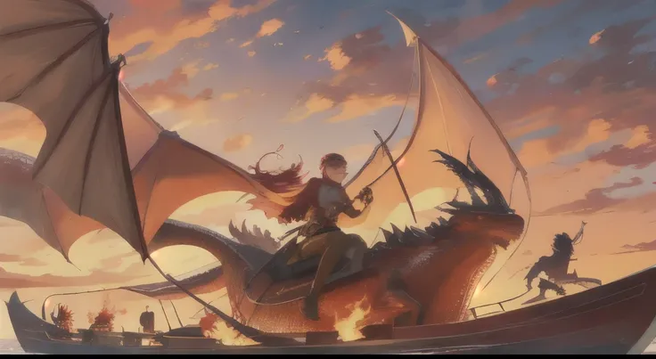 Illustration of a dragon attacking a boat and a man on the boat, dragon girl, Dragon, fight with dragon, fight with dragon, big Red Dragon flying above them, teenage girl Riding a dragon, Riding a dragon, Dragon as background, Dragon Queen, Dragon in the b...