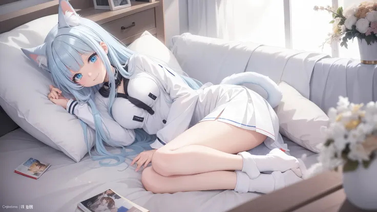 One anime girl with light blue hair studying in bed, coffee,cream,stuffed toy,smile,mini skirt,From the Azur Lane video game, very beautiful anime cat girl, azur lane style, Azur Lane characters, beautiful anime cat girl, beautiful fantasy anime, trending ...