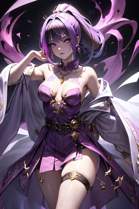 Vampire Queen Small Breast Combat Dress ( Radiant Royal Cloak: 1.1) Black and Purple Color Sexy Devil Aura Original Character Masterpiece Tempting Purple Eyes (Multicolor High Ponytail 1:1.2) Purple Gemstone Accessories Gold Belt, Gold Necklace, Wind Evil ...