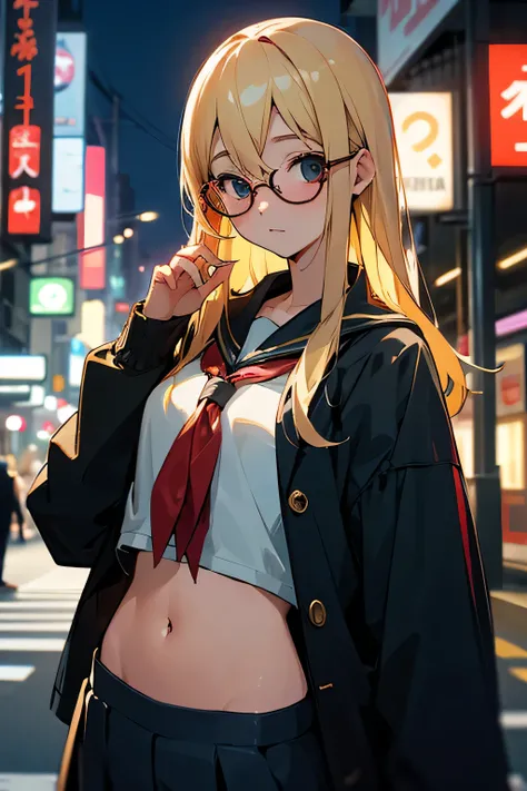 girl、blonde、Navel exposed、Shibuya、evening、high school student、glasses、opad pro,