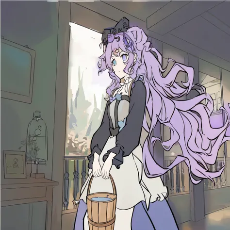 Anime girl with long purple hair and a basket of water, European pastoral landscape
