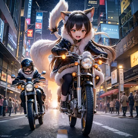 (best quality,highres:1.2),shiba inu girls,adorable chibi style,vibrant colors,fantasy landscape,riding on a motorcycle,magical surroundings,sparkling stars,wind blowing their hair,joyful expressions,wonderful adventures,playful atmosphere,beautiful sunset...