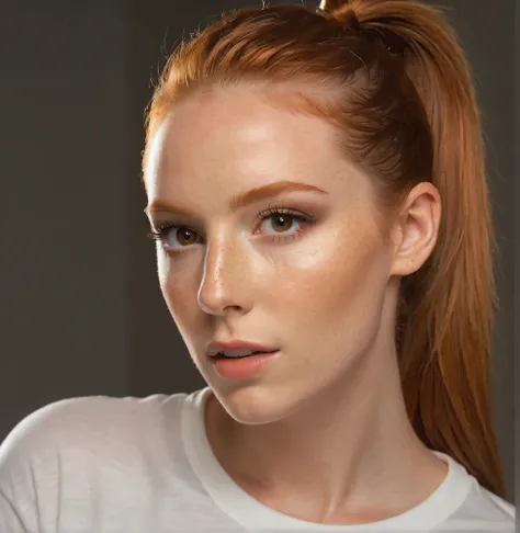 photo,8K,sharp focus,beautiful woman,close up,t-shirt,(delicate eyes:0.8),(looking at camera:1.4),(best quality),(best eyeshadow),brown eyes,edge lighting,two color lights,dim,low profile,intricate details,Internal,ponytail,ginger hair:1.3,open mouth:0.7,f...