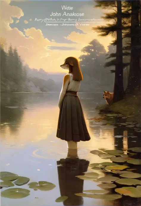 High-quality illustrations by John William Waterhouse, by Johannes Vermeer, cover_page, highres, absurdres, detailed background, lake, dawn, detailed forest, clouds, Mysterious and romantic atmosphere, caustics surface(refraction, polarization:1.2)perfect ...