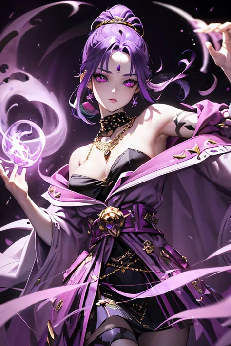 Vampire Queen Small Breast Combat Dress ( Radiant Royal Cloak: 1.1) Black and Purple Color Sexy Devil Aura Original Character Masterpiece Tempting Purple Eyes (Multicolor High Ponytail 1:1.2) Purple Gemstone Accessories Gold Belt, Gold Necklace, Wind Evil ...