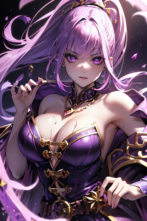 Vampire Queen Small Breast Combat Dress ( Radiant Royal Cloak: 1.1) Black and Purple Color Sexy Devil Aura Original Character Masterpiece Tempting Purple Eyes (Multicolor High Ponytail 1:1.2) Purple Gemstone Accessories Gold Belt, Gold Necklace, Wind Evil ...