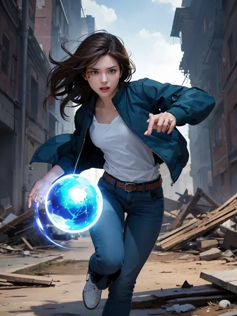 A beautiful woman with dark brown hair, twenty years old, with an angry expression. She is extending one hand forward, and in that hand, a blue-white glowing magical energy ball is forming. She is standing in the middle of a ruined city, wearing blue jeans...